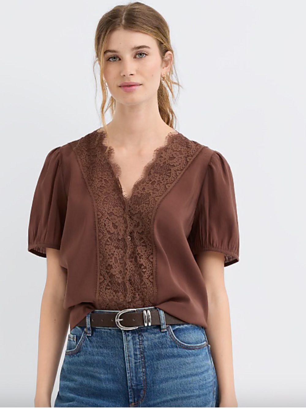 NWT🌷LOFT Brown Floral Lace Trim Button Blouse